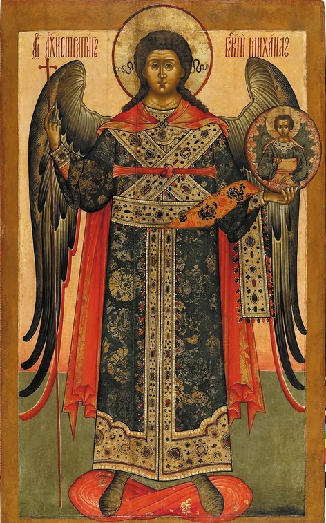 Icon of the Archangel Michael holding a cross staff and an image of Christ Emmanuel